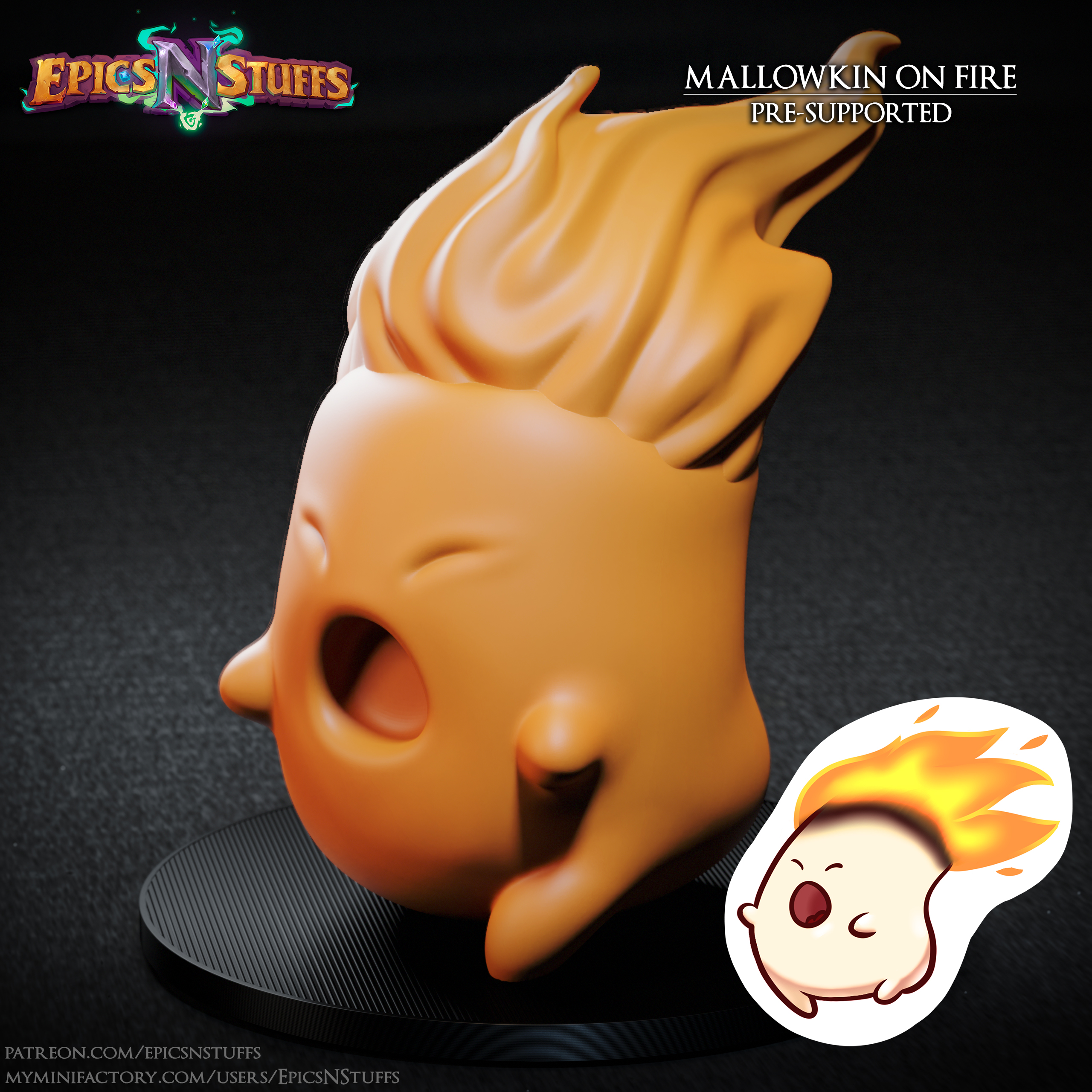 Mallowkin on Fire Miniature, Pre-Supported